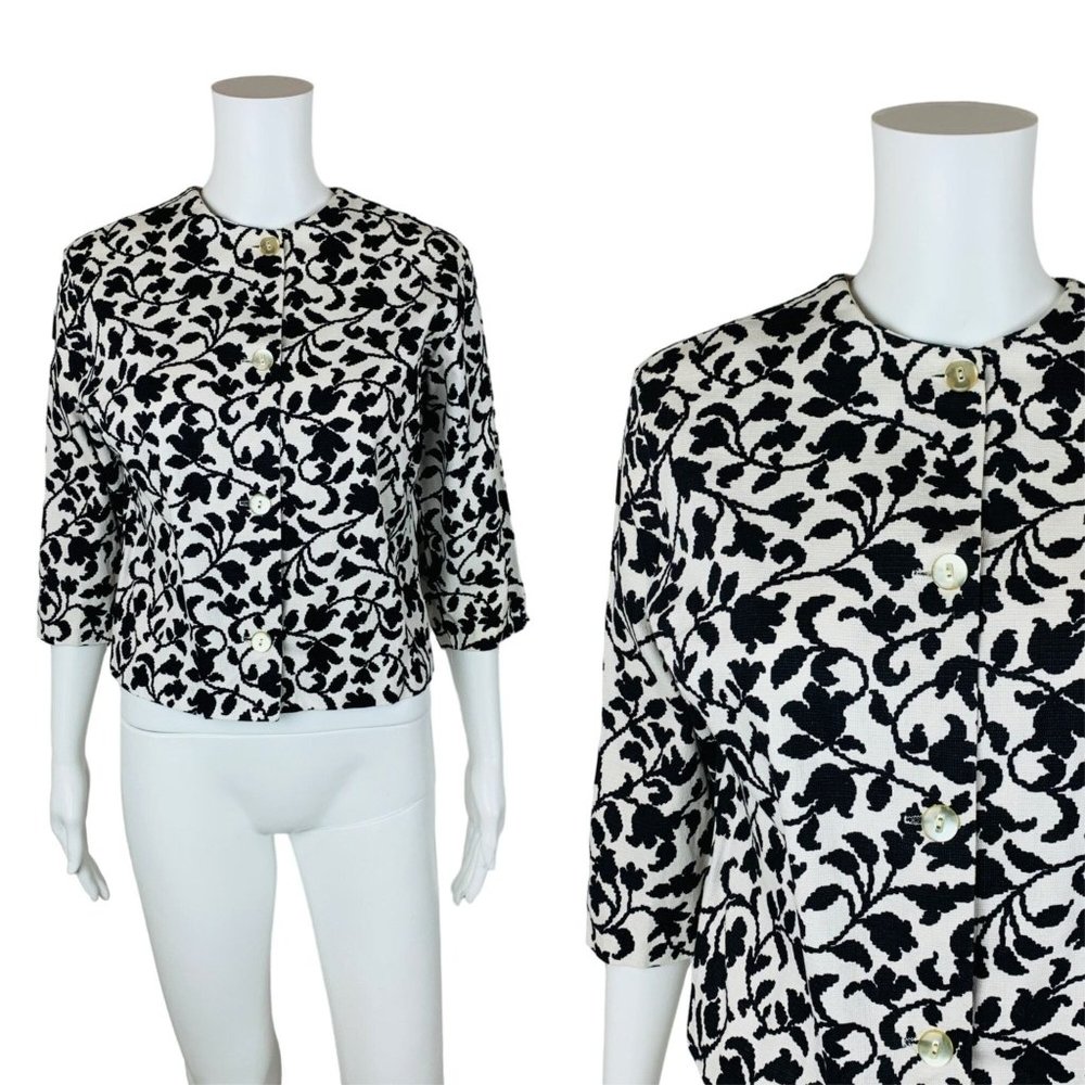 Vintage 50s Black White Top Floral Print 3/4 Sleeves Blouse Rockabilly B 41"